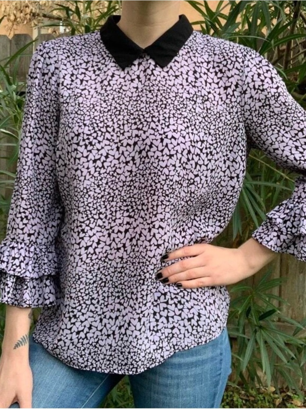 NWT ELLE Purple Heart Print Blouse with Ruffle Bell Sleeves - Size XXL